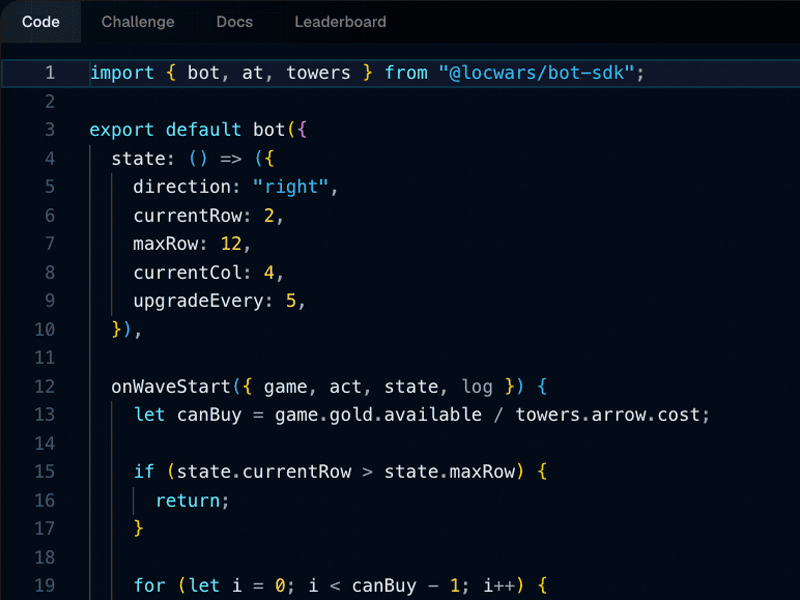 Locwars typed JavaScript SDK in the code editor